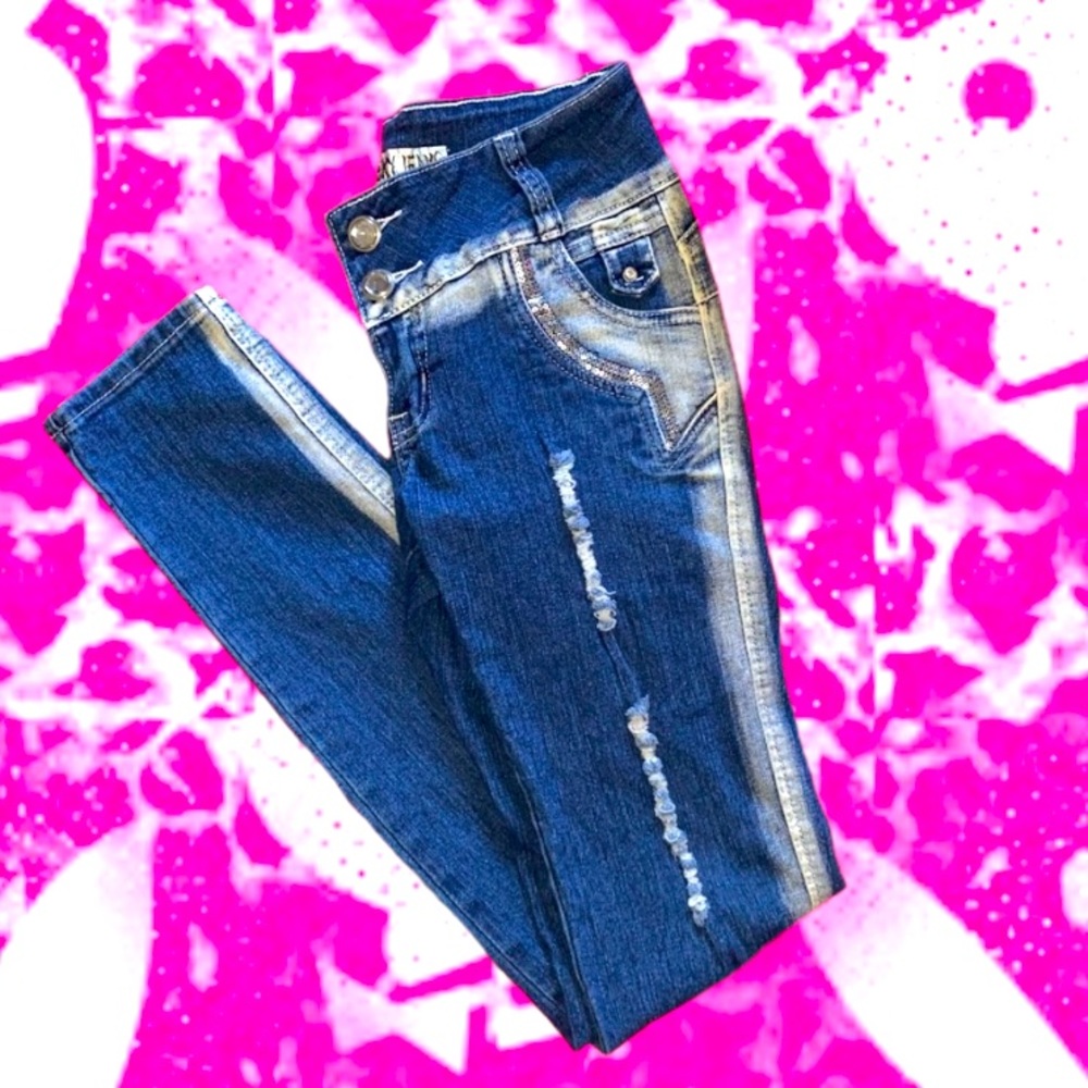 Y2K BLiNG ZEBRA PRiNT DISTRESSED STRAiGHT LEG JEANS
